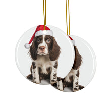 DistinctInk Hanging Ceramic Christmas Tree Ornament with Gold String - Great Gift/Present - 2 3/4 inch Diameter - English Springer Spaniel Puppy Design