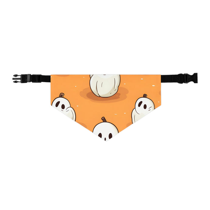 DistinctInk Adjustable Pet Banana Collar with Ghastly Skeleton Pumpkin adorned Design for Halloween