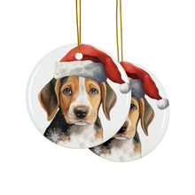 DistinctInk Hanging Ceramic Christmas Tree Ornament with Gold String - Great Gift/Present - 2 3/4 inch Diameter - American Foxhound Puppy Drawing Design