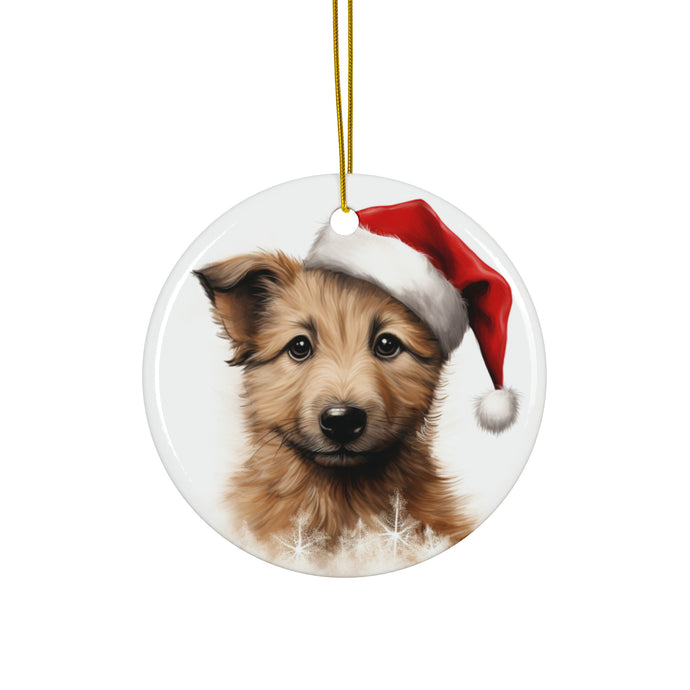 DistinctInk Hanging Ceramic Christmas Tree Ornament with Gold String - Great Gift/Present - 2 3/4 inch Diameter - Berger Picard Puppy Drawing Design
