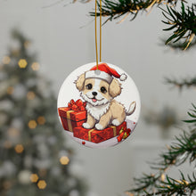 DistinctInk Hanging Ceramic Christmas Tree Ornament with Gold String - Great Gift/Present - 2 3/4 inch Diameter - Pumik Puppy Drawing Design