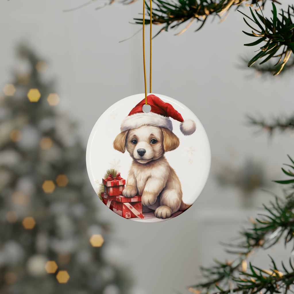 Hanging Ceramic Christmas Tree Ornament with Gold String - Russian Toy Puppy Drawing Design, view 3