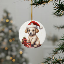 DistinctInk Hanging Ceramic Christmas Tree Ornament with Gold String - Great Gift/Present - 2 3/4 inch Diameter - Russian Toy Puppy Drawing Design