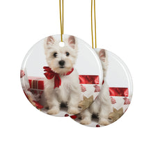 DistinctInk Hanging Ceramic Christmas Tree Ornament with Gold String - Great Gift/Present - 2 3/4 inch Diameter - West Highland White Terrier Puppy Design