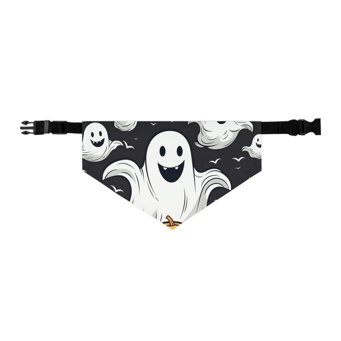 DistinctInk Adjustable Pet Banana Collar with Skeletal Ghostly Pumpkin Patch Design for Halloween