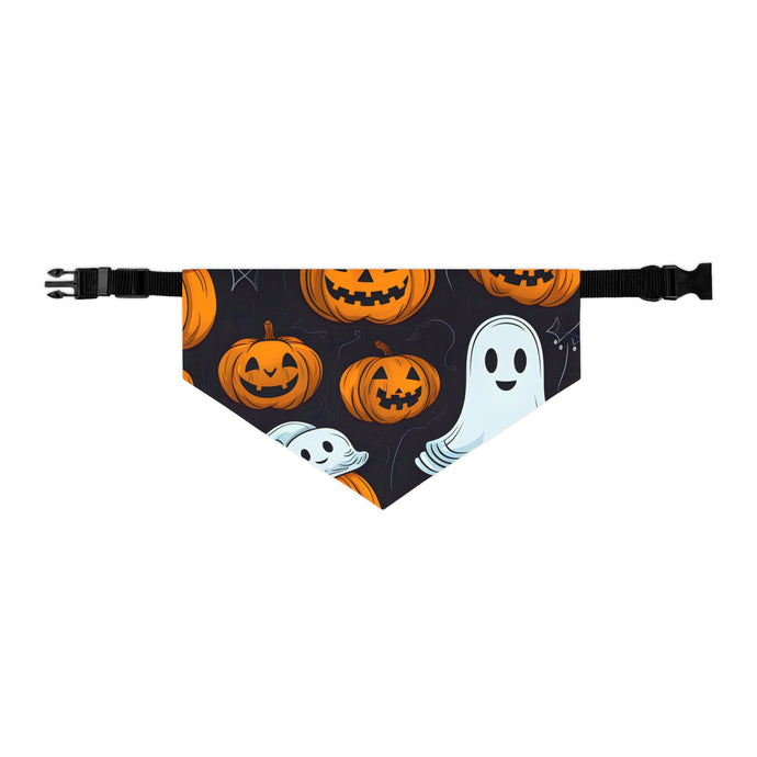 DistinctInk Adjustable Pet Banana Collar with Ghost Skeleton Cartoon Pumpkin Design for Halloween