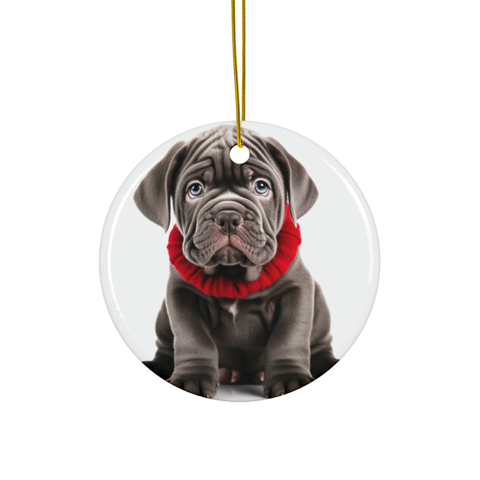 DistinctInk Hanging Ceramic Christmas Tree Ornament with Gold String - Great Gift/Present - 2 3/4 inch Diameter - Neapolitan Mastiff Puppy Design