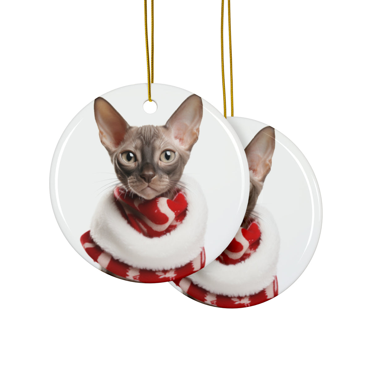 Hanging Ceramic Christmas Tree Ornament with Gold String - Oriental Cat Design, view 2