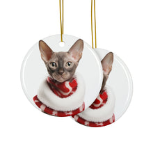 DistinctInk Hanging Ceramic Christmas Tree Ornament with Gold String - Great Gift/Present - 2 3/4 inch Diameter - Oriental Cat Design
