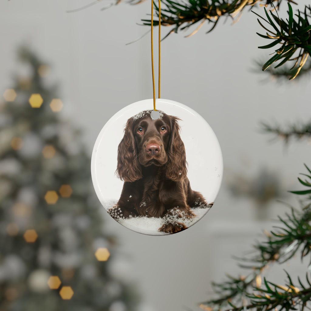 Hanging Ceramic Christmas Tree Ornament with Gold String - Field Spaniel Design, view 3