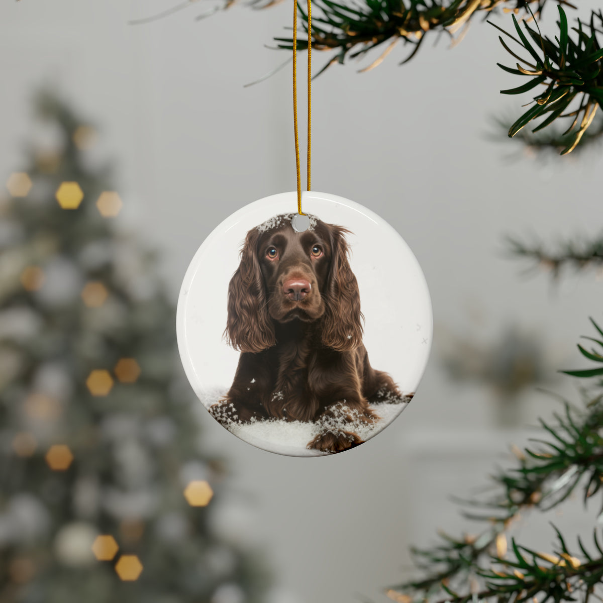 Hanging Ceramic Christmas Tree Ornament with Gold String - Field Spaniel Design, view 3