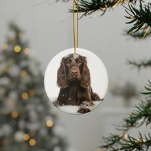DistinctInk Hanging Ceramic Christmas Tree Ornament with Gold String - Great Gift/Present - 2 3/4 inch Diameter - Field Spaniel Design