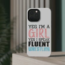 DistinctInk ToughCase for Apple iPhone, Compatible with MagSafe Charging - Yes I'm a Girl Yes I Speak Fluent Wrestling