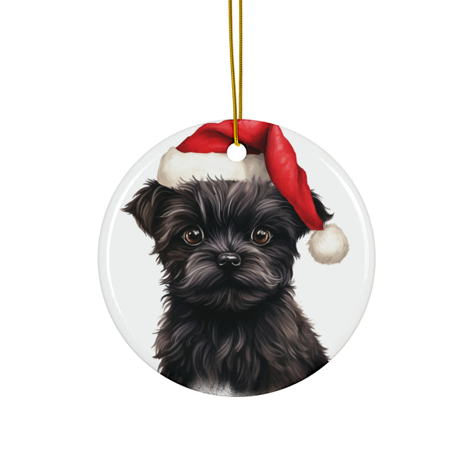 DistinctInk Hanging Ceramic Christmas Tree Ornament with Gold String - Great Gift/Present - 2 3/4 inch Diameter - Affenpinscher Puppy Drawing Design