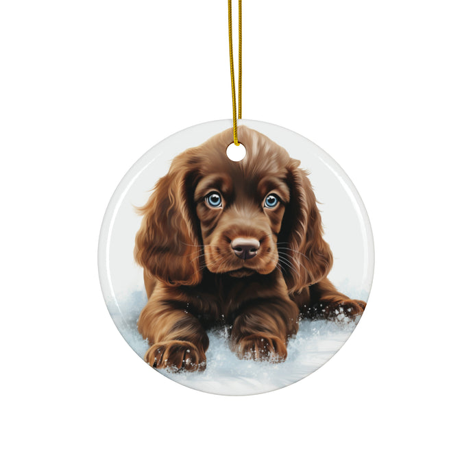 DistinctInk Hanging Ceramic Christmas Tree Ornament with Gold String - Great Gift/Present - 2 3/4 inch Diameter - Sussex Spaniel Puppy Drawing Design