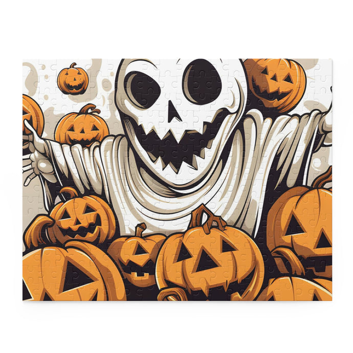 DistinctInk Jigsaw Puzzle with Ghostly Skeleton and Pumpkins Design for Halloween