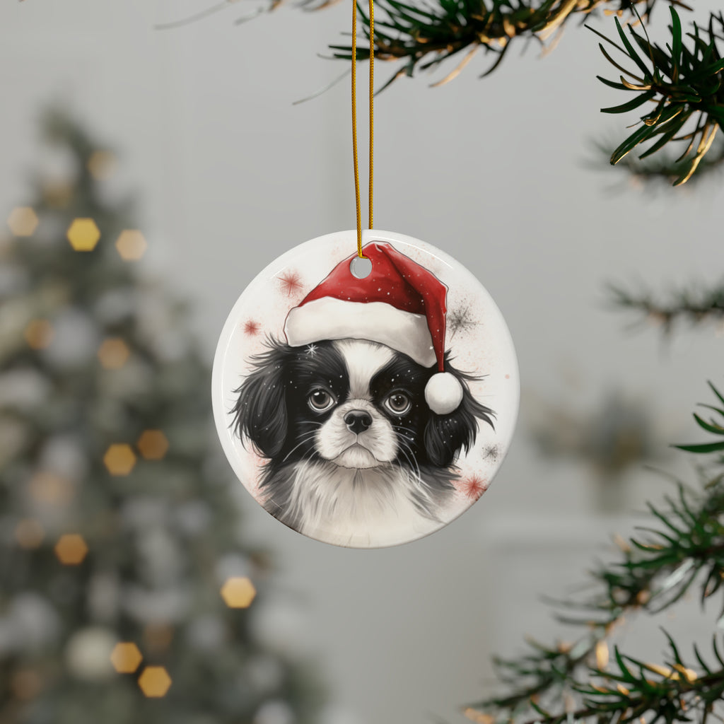 Hanging Ceramic Christmas Tree Ornament with Gold String - Japanese Chin Puppy Drawing Design, view 3