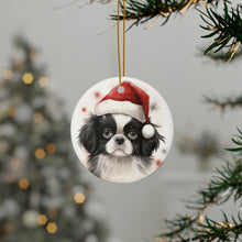DistinctInk Hanging Ceramic Christmas Tree Ornament with Gold String - Great Gift/Present - 2 3/4 inch Diameter - Japanese Chin Puppy Drawing Design