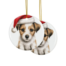 DistinctInk Hanging Ceramic Christmas Tree Ornament with Gold String - Great Gift/Present - 2 3/4 inch Diameter - Parson Russell Terrier Puppy Drawing Design