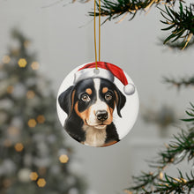 DistinctInk Hanging Ceramic Christmas Tree Ornament with Gold String - Great Gift/Present - 2 3/4 inch Diameter - Entlebucher Mountain Dog Puppy Drawing Design