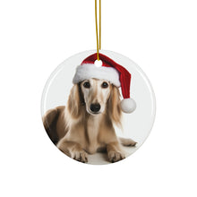 DistinctInk Hanging Ceramic Christmas Tree Ornament with Gold String - Great Gift/Present - 2 3/4 inch Diameter - Saluki Puppy Design