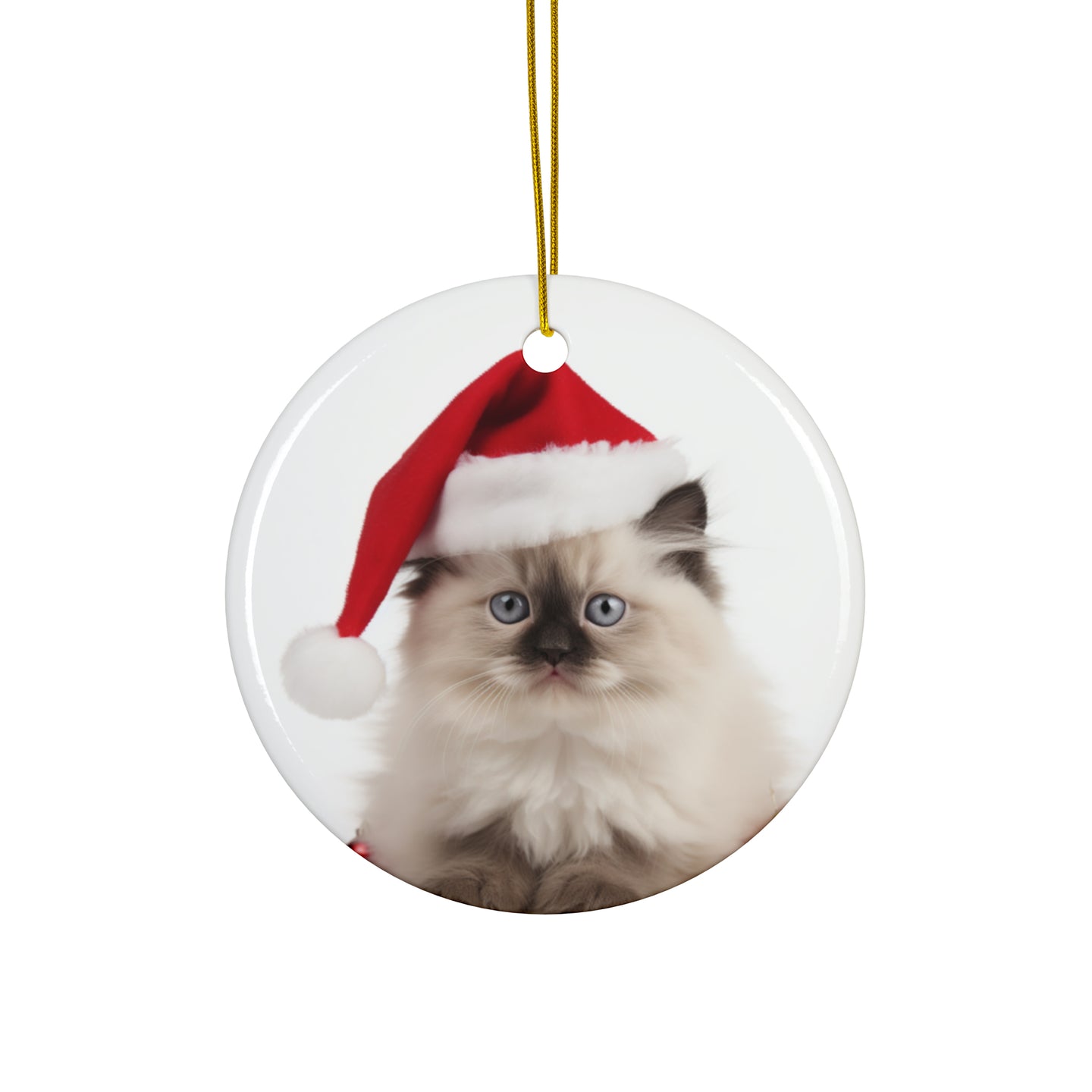 DistinctInk Hanging Ceramic Christmas Tree Ornament with Gold String - Great Gift/Present - 2 3/4 inch Diameter - Ragdoll Kitten Design