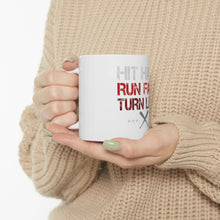 DistinctInk Glossy White Coffee / Tea Mug - Hit Hard Run Fast Turn Left Baseball