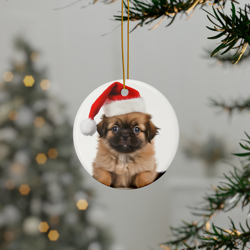 Hanging Ceramic Christmas Tree Ornament with Gold String - Tibetan Spaniel Puppy Design, view 3