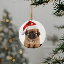 DistinctInk Hanging Ceramic Christmas Tree Ornament with Gold String - Great Gift/Present - 2 3/4 inch Diameter - Tibetan Spaniel Puppy Design