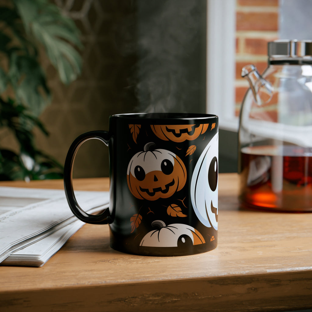 Black Coffee Mug - Ghost Skeleton Cartoon Pumpkin for Halloween, view 6