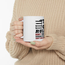 DistinctInk Glossy White Coffee / Tea Mug - Tool Rules Don't Touch Borrow Move Look