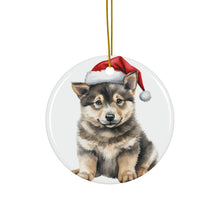 DistinctInk Hanging Ceramic Christmas Tree Ornament with Gold String - Great Gift/Present - 2 3/4 inch Diameter - Swedish Vallhund Puppy Drawing Design