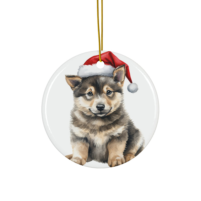 DistinctInk Hanging Ceramic Christmas Tree Ornament with Gold String - Great Gift/Present - 2 3/4 inch Diameter - Swedish Vallhund Puppy Drawing Design