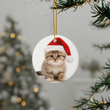 DistinctInk Hanging Ceramic Christmas Tree Ornament with Gold String - Great Gift/Present - 2 3/4 inch Diameter - Scottish Fold Kitten Design