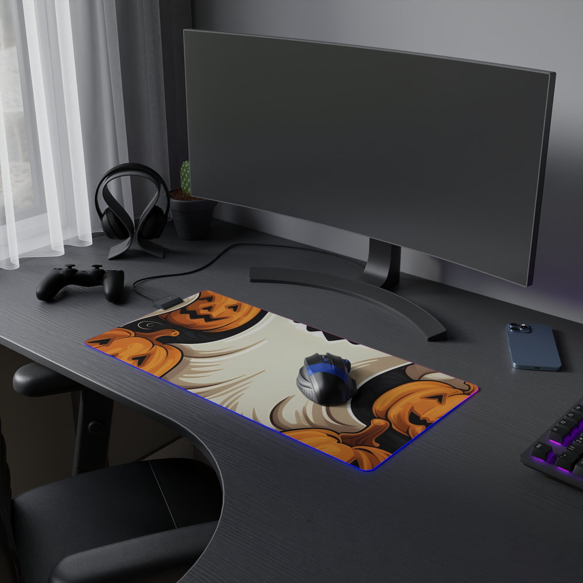 LED Gaming Mouse Pad with Haunted Skeleton Jack-O-Lantern Design for Halloween, view 9