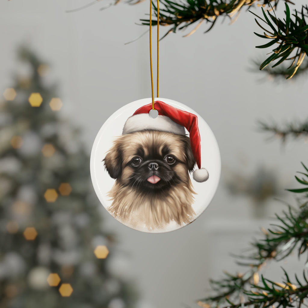 Hanging Ceramic Christmas Tree Ornament with Gold String - Pekingese Puppy Drawing Design, view 3