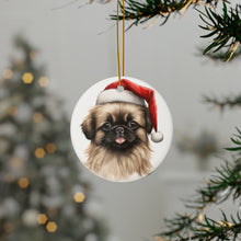DistinctInk Hanging Ceramic Christmas Tree Ornament with Gold String - Great Gift/Present - 2 3/4 inch Diameter - Pekingese Puppy Drawing Design