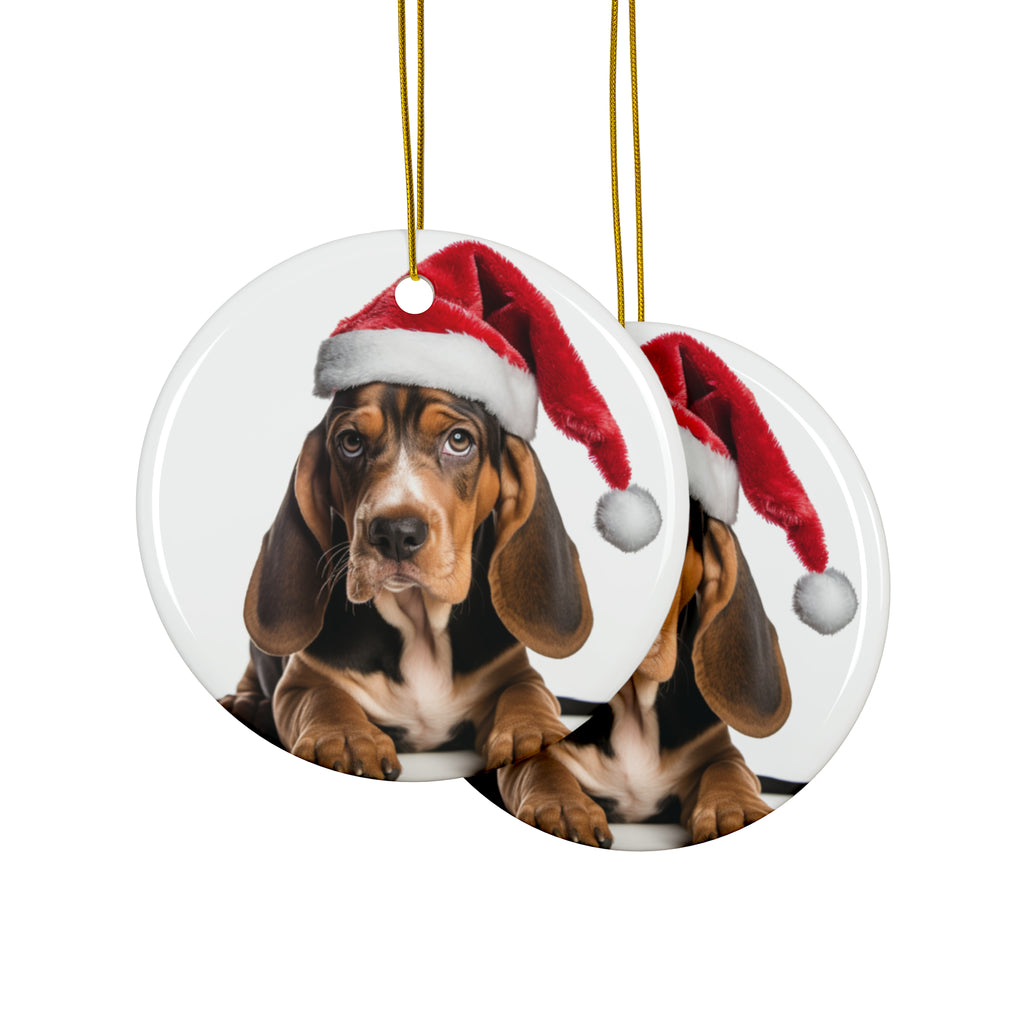 Hanging Ceramic Christmas Tree Ornament with Gold String - American English Coonhound Puppy Design, view 2