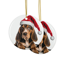 DistinctInk Hanging Ceramic Christmas Tree Ornament with Gold String - Great Gift/Present - 2 3/4 inch Diameter - American English Coonhound Puppy Design