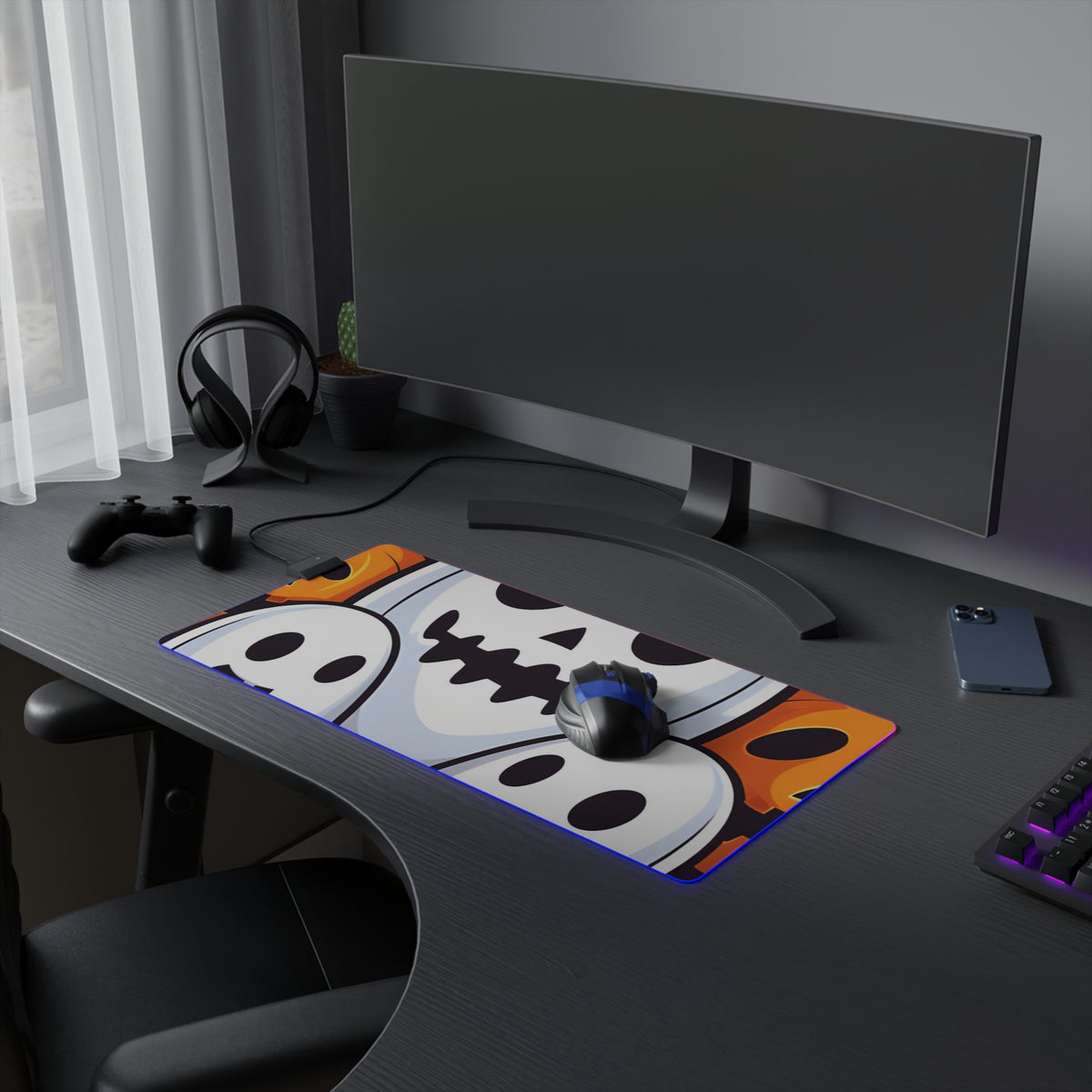 LED Gaming Mouse Pad with Skele-Pumpkin Ghost Pattern Design for Halloween, view 9