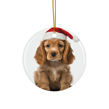 DistinctInk Hanging Ceramic Christmas Tree Ornament with Gold String - Great Gift/Present - 2 3/4 inch Diameter - Cocker Spaniel Puppy Design