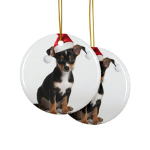 DistinctInk Hanging Ceramic Christmas Tree Ornament with Gold String - Great Gift/Present - 2 3/4 inch Diameter - Toy Fox Terrier Puppy Design