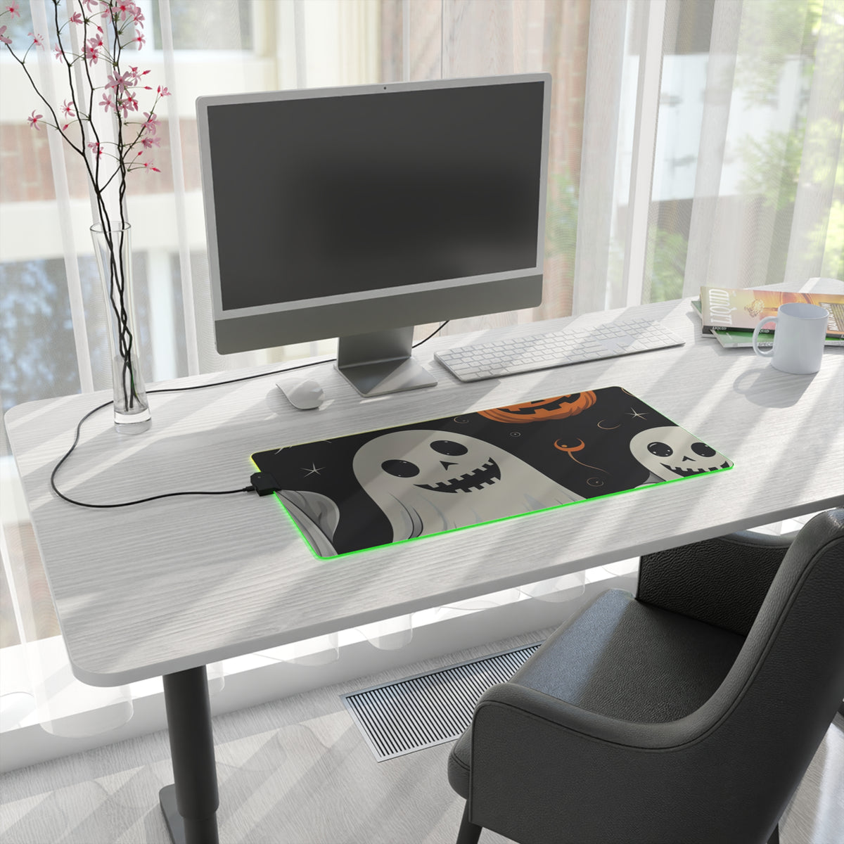 LED Gaming Mouse Pad with Spooky Skeleton Pumpkin Patch Design for Halloween, view 10
