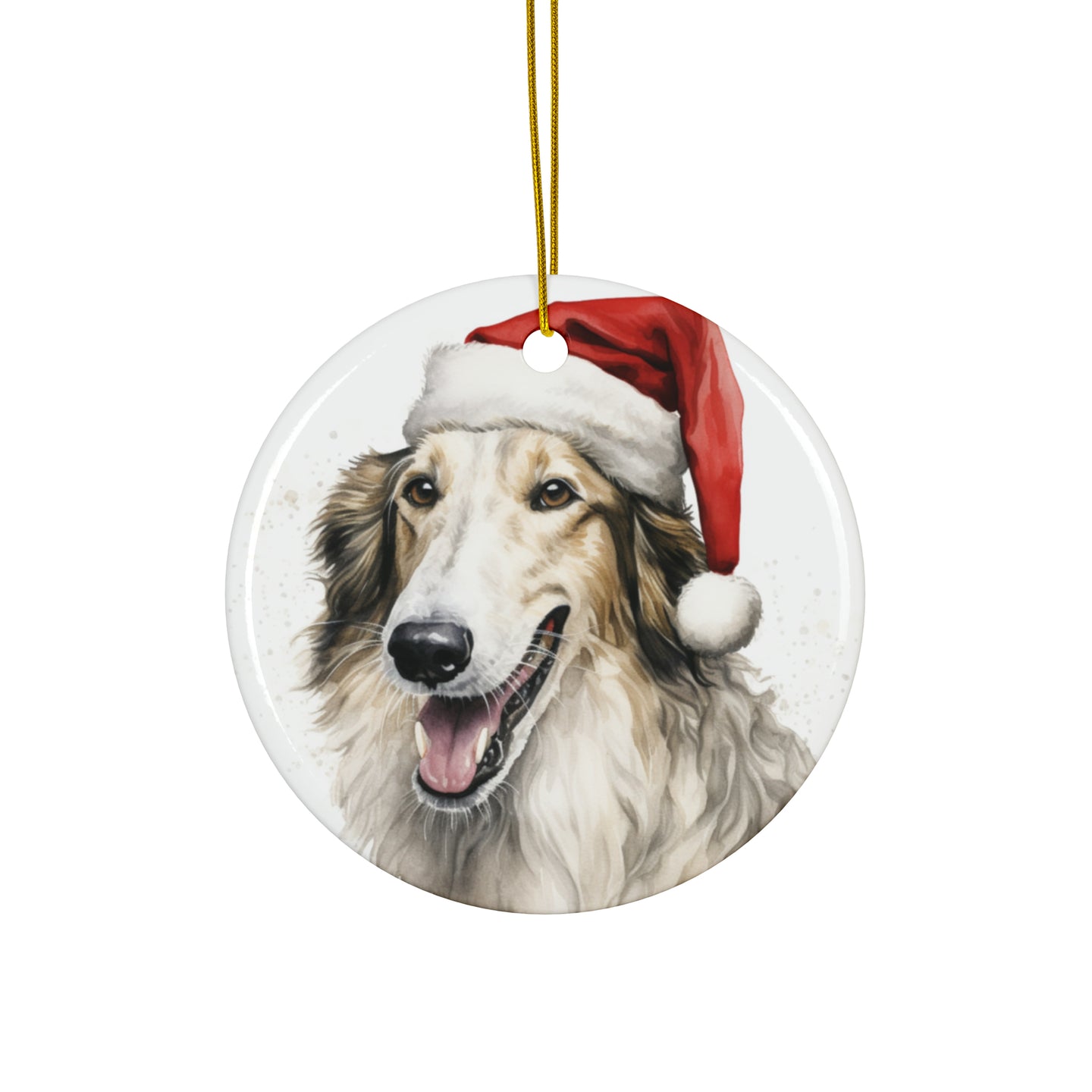 DistinctInk Hanging Ceramic Christmas Tree Ornament with Gold String - Great Gift/Present - 2 3/4 inch Diameter - Borzoi Puppy Drawing Design
