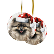 DistinctInk Hanging Ceramic Christmas Tree Ornament with Gold String - Great Gift/Present - 2 3/4 inch Diameter - Keeshonden Design