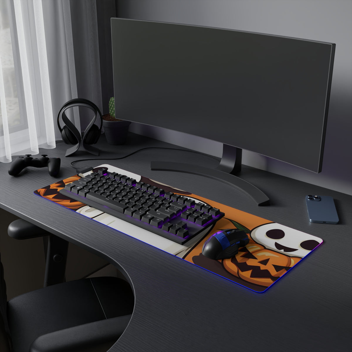 LED Gaming Mouse Pad with Skeletal Ghost in a Pumpkin Design for Halloween, view 21