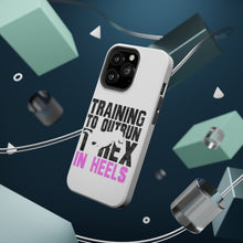 DistinctInk ToughCase for Apple iPhone, Compatible with MagSafe Charging - Training to Outrun T-Rex in Heels