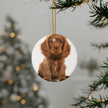 DistinctInk Hanging Ceramic Christmas Tree Ornament with Gold String - Great Gift/Present - 2 3/4 inch Diameter - Sussex Spaniel Puppy Design
