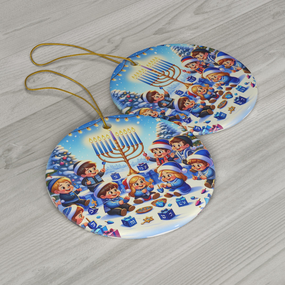 Hanging Ceramic Christmas Tree Ornament Charm with Gold String - Hanukkah and Christmas Joy, view 3
