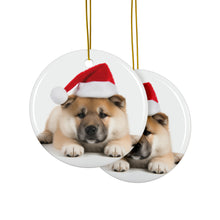 DistinctInk Hanging Ceramic Christmas Tree Ornament with Gold String - Great Gift/Present - 2 3/4 inch Diameter - Akita Puppy Design